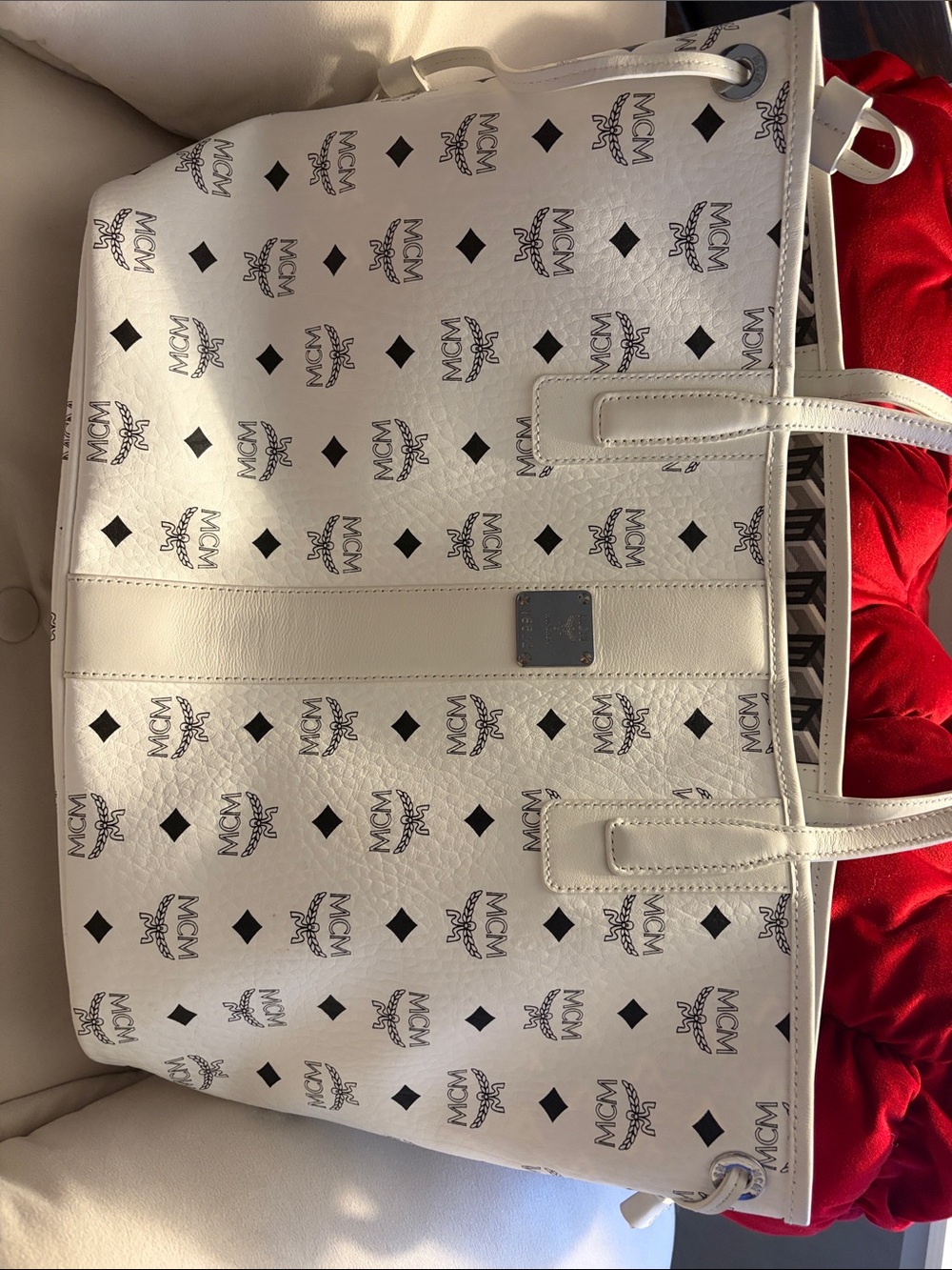MCM White Logo Print Coated Canvas Tote